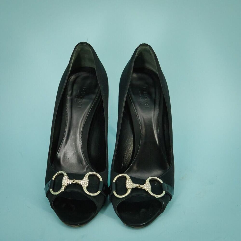 Gucci Size 6 Black Satin Rhinestone Horsebit Open Peep Toe High Heels Pumps